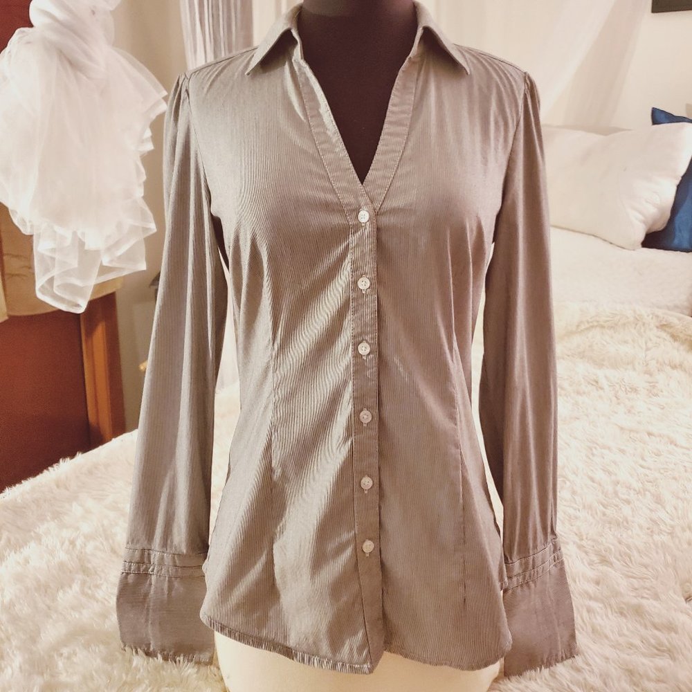 XS Blue Striped Dress Shirt with Cuff Details from Express Design Studios